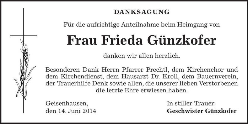 Traueranzeige Frieda Günzkofer