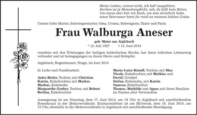 Traueranzeige Walburga Aneser