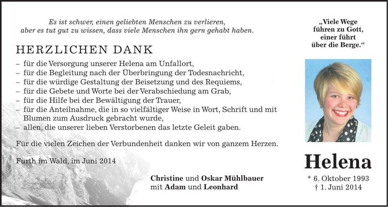 Traueranzeige Helena Mühlbauer