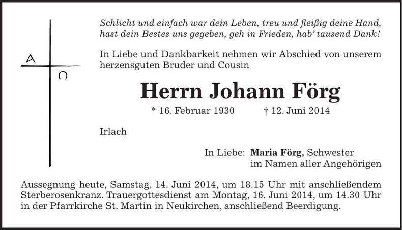 Traueranzeige Johann Förg