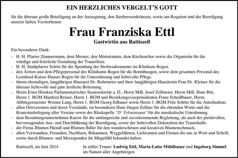 Traueranzeige Franziska Ettl