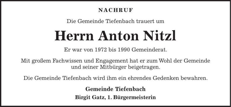 Traueranzeige Anton Nitzl
