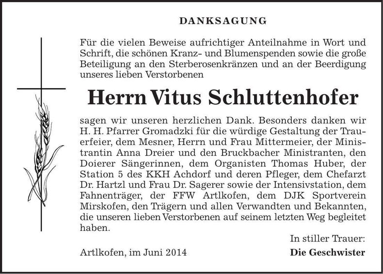 Traueranzeige Vitus Schluttenhofer