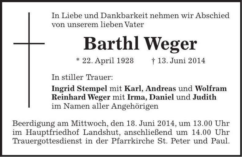 Traueranzeige Barthl Weger