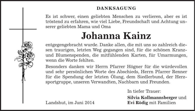 Traueranzeige Johanna Kainz