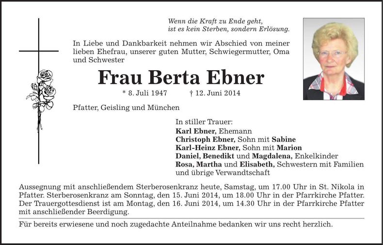 Traueranzeige Berta Ebner