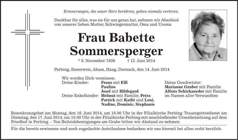 Traueranzeige Babette Sommersperger