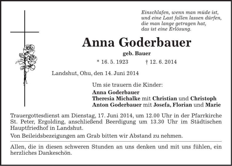 Traueranzeige Anna Goderbauer