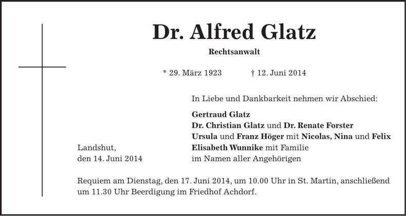 Traueranzeige Alfred Glatz