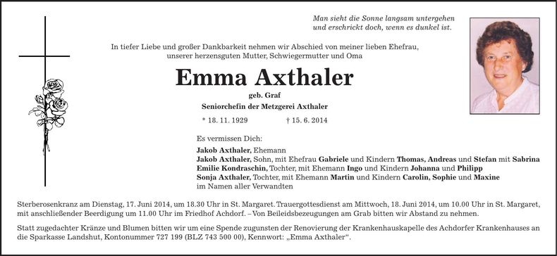 Traueranzeige Emma Axthaler