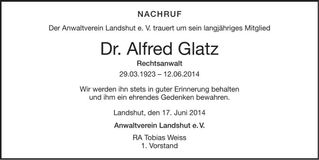 Traueranzeige Alfred Glatz