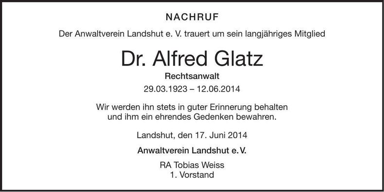 Traueranzeige Alfred Glatz