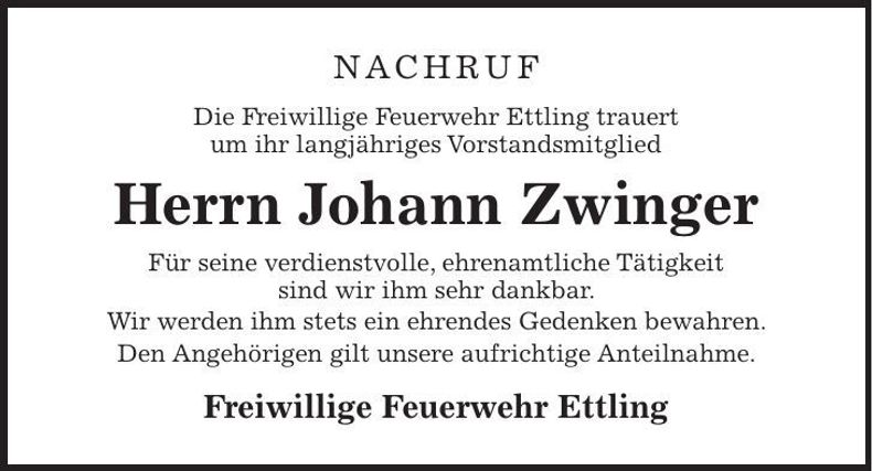 Traueranzeige Johann Zwinger