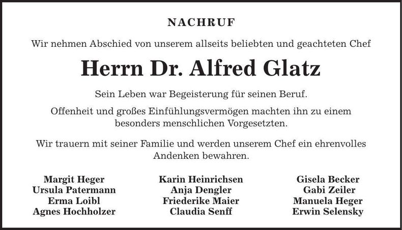 Traueranzeige Alfred Glatz
