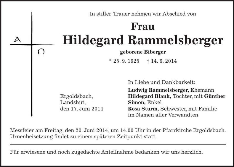 Traueranzeige Hildegard Rammelsberger