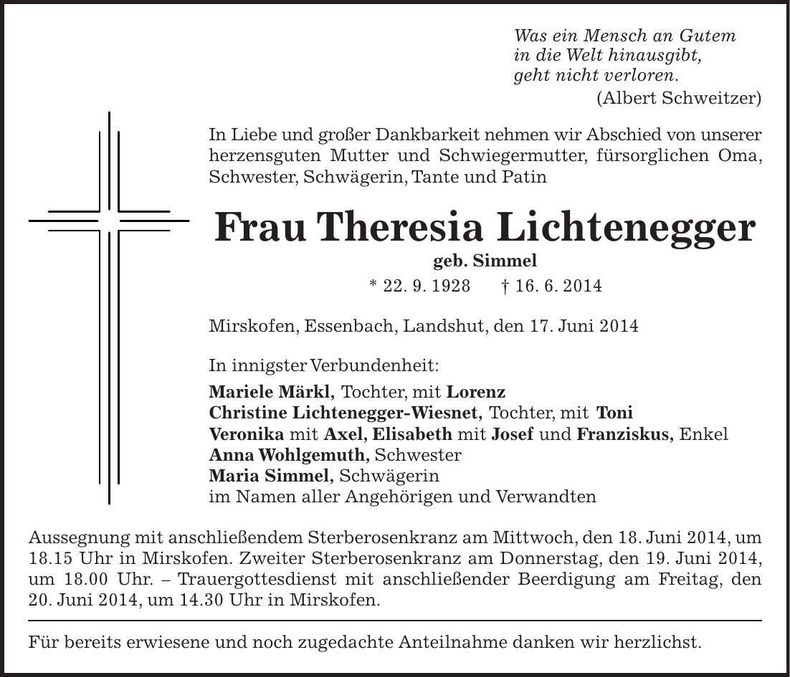 Traueranzeige Theresia Lichtenegger