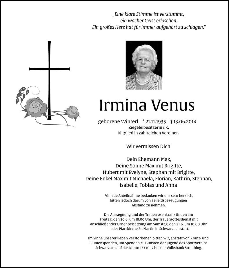 Traueranzeige Irmina Venus
