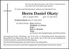 Traueranzeige Daniel Okaty