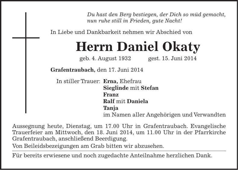 Traueranzeige Daniel Okaty