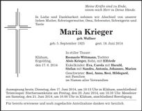 Traueranzeige Maria Krieger