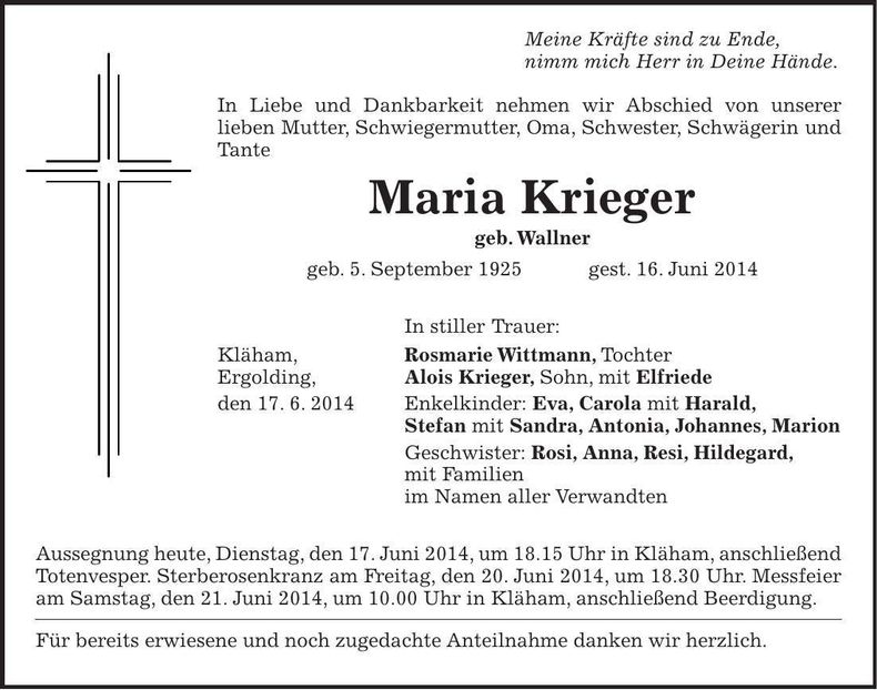 Traueranzeige Maria Krieger
