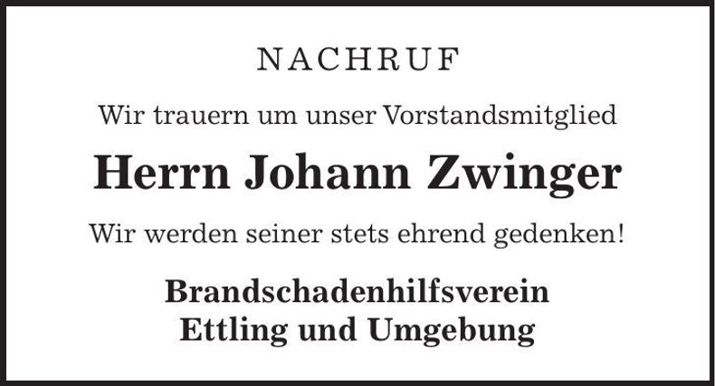 Traueranzeige Johann Zwinger