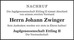 Traueranzeige Johann Zwinger
