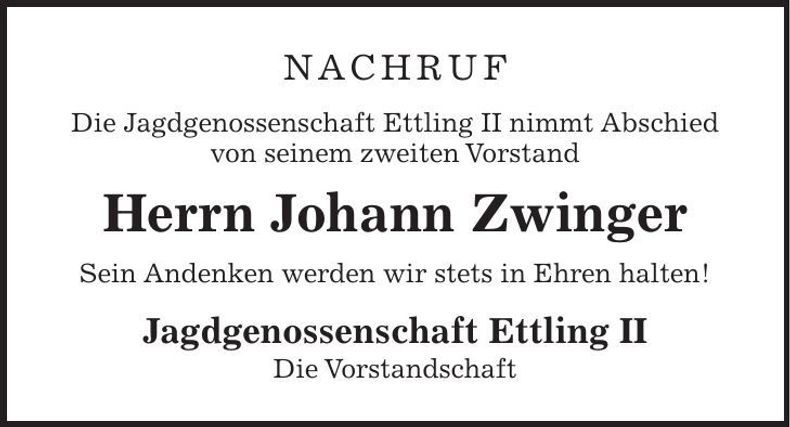 Traueranzeige Johann Zwinger