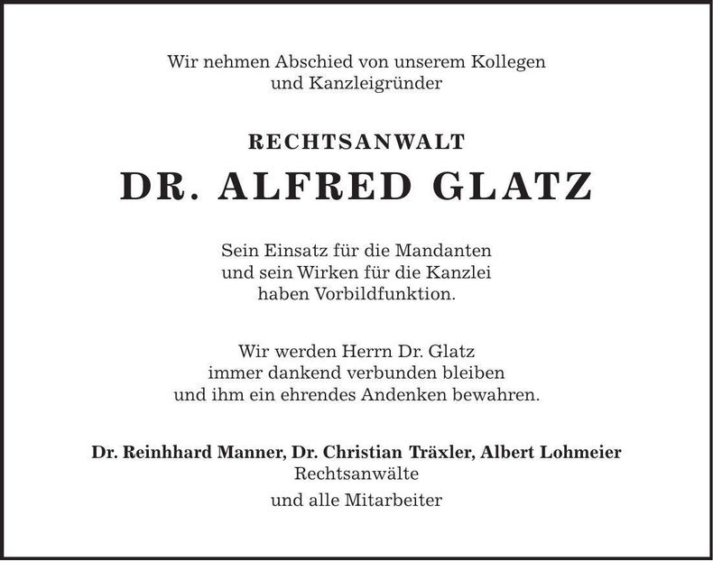 Traueranzeige Alfred Glatz