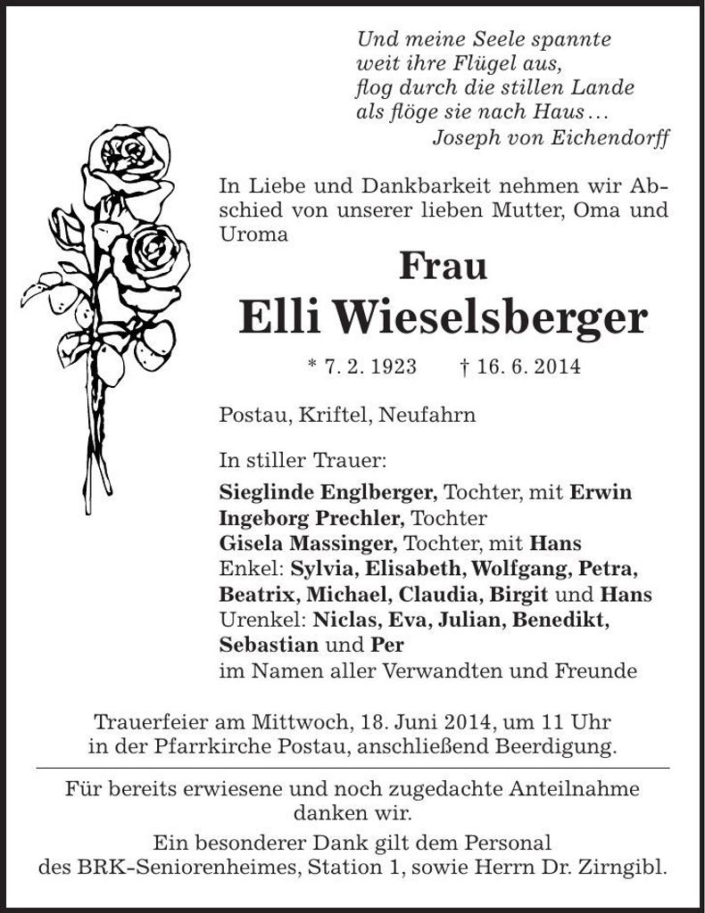 Traueranzeige Elli Wieselsberger