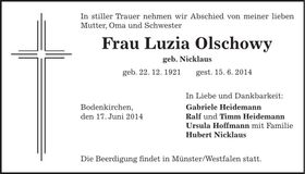 Traueranzeige Luzia Olschowy