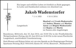 Traueranzeige Jakob Wadenstorfer