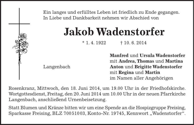 Traueranzeige Jakob Wadenstorfer