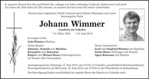 Traueranzeige Johann Wimmer