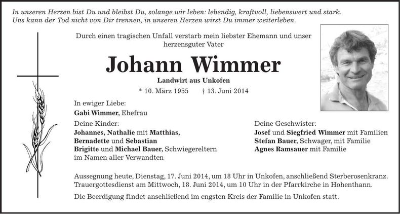 Traueranzeige Johann Wimmer