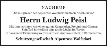 Traueranzeige Ludwig Peisl