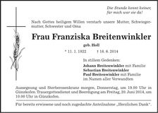 Traueranzeige Franziska Breitenwinkler