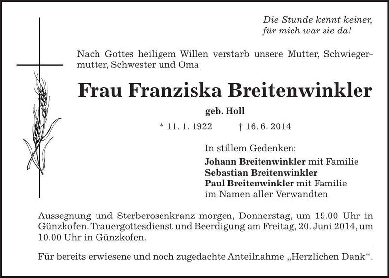Traueranzeige Franziska Breitenwinkler