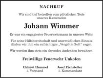 Traueranzeige Johann Wimmer