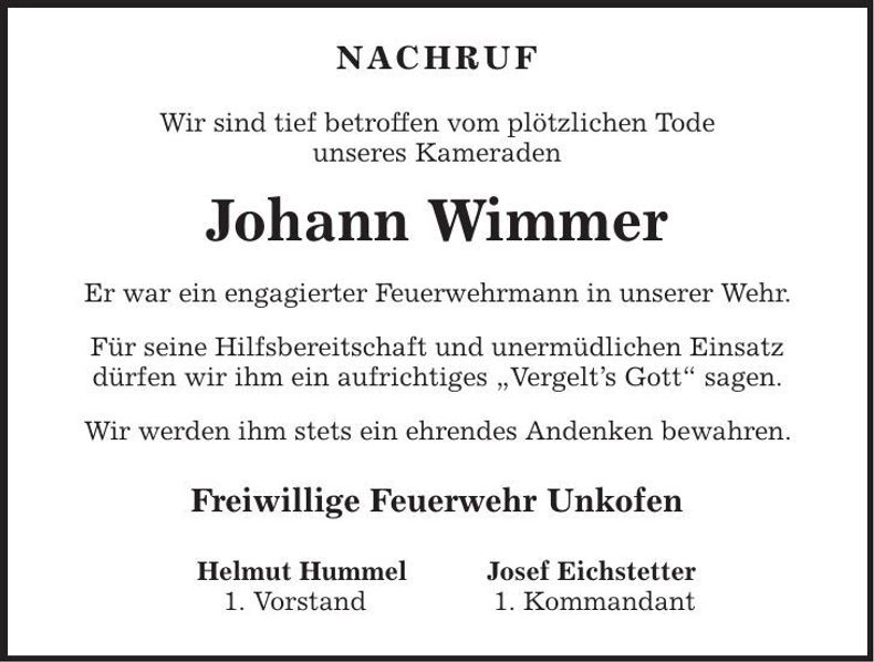 Traueranzeige Johann Wimmer