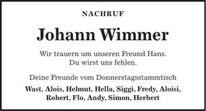 Traueranzeige Johann Wimmer
