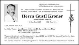 Traueranzeige Gustl Kroner