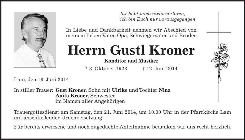 Traueranzeige Gustl Kroner