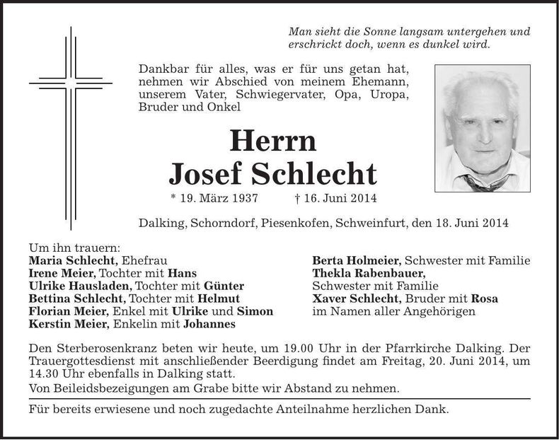 Traueranzeige Josef Schlecht