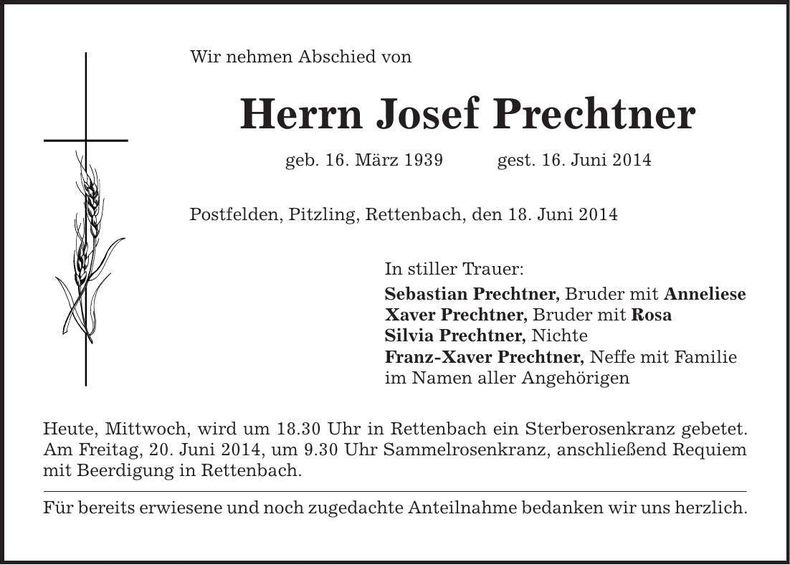 Traueranzeige Josef Prechtner