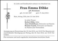 Traueranzeige Emma Dibke