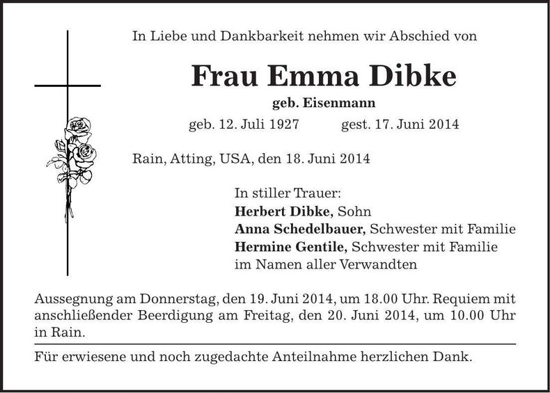 Traueranzeige Emma Dibke