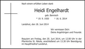 Traueranzeige Heidi Engelhardt