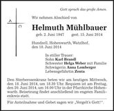 Traueranzeige Helmuth Mühlbauer