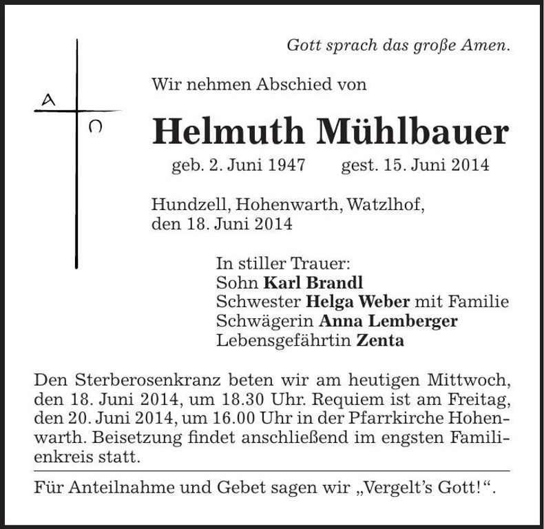 Traueranzeige Helmuth Mühlbauer